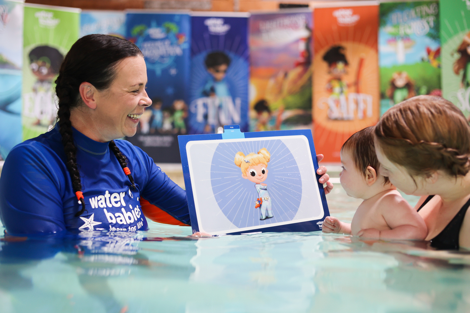 water babies teacher with pearl swimcard and mother and baby
