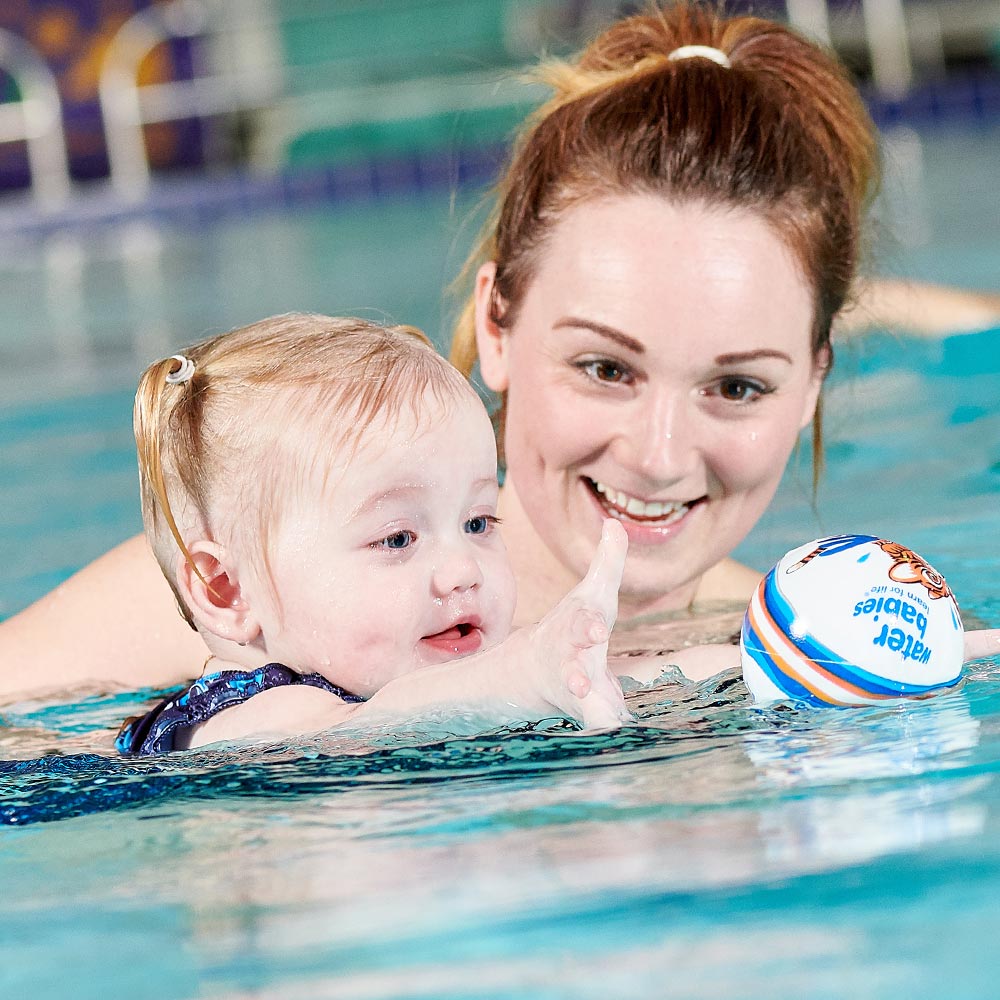water babies mum and toddler in pool with a ball